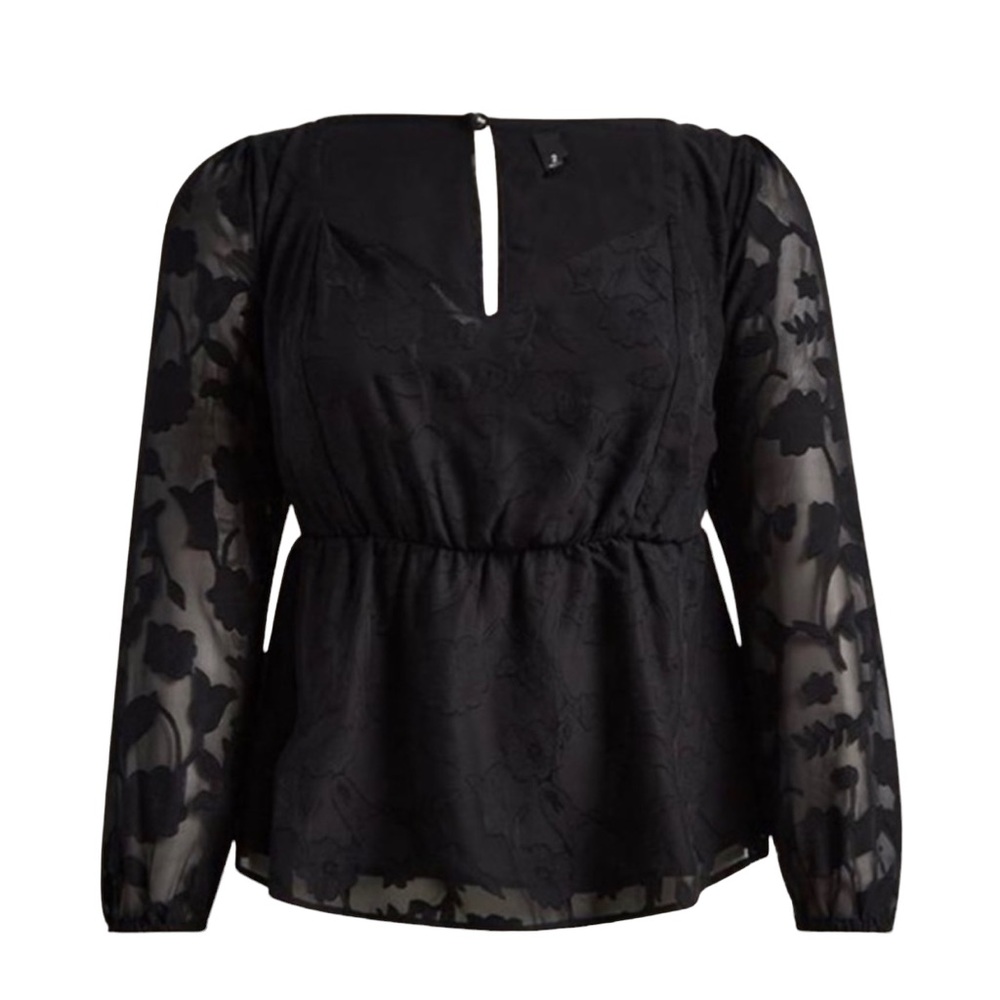 New Torrid Peplum Chiffon Clip Floral Puff Sleeve Top blouse black size 2X 3X‎